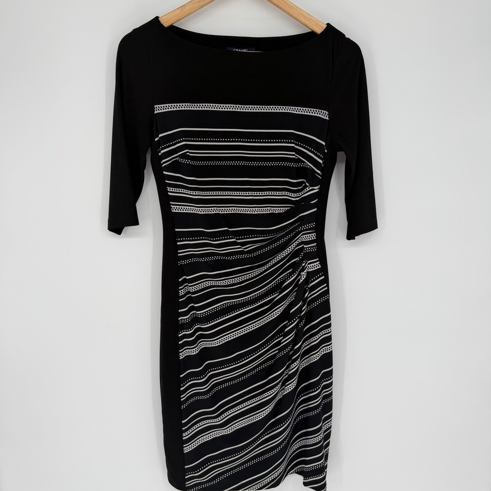 Chaps Sheath Dress Womens Black White Striped Dotted Ruched 3/4 Sleeve Size S